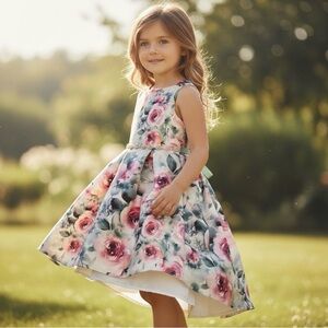 Rare Editions floral-printed mikado high-low dress, sz. 5T
